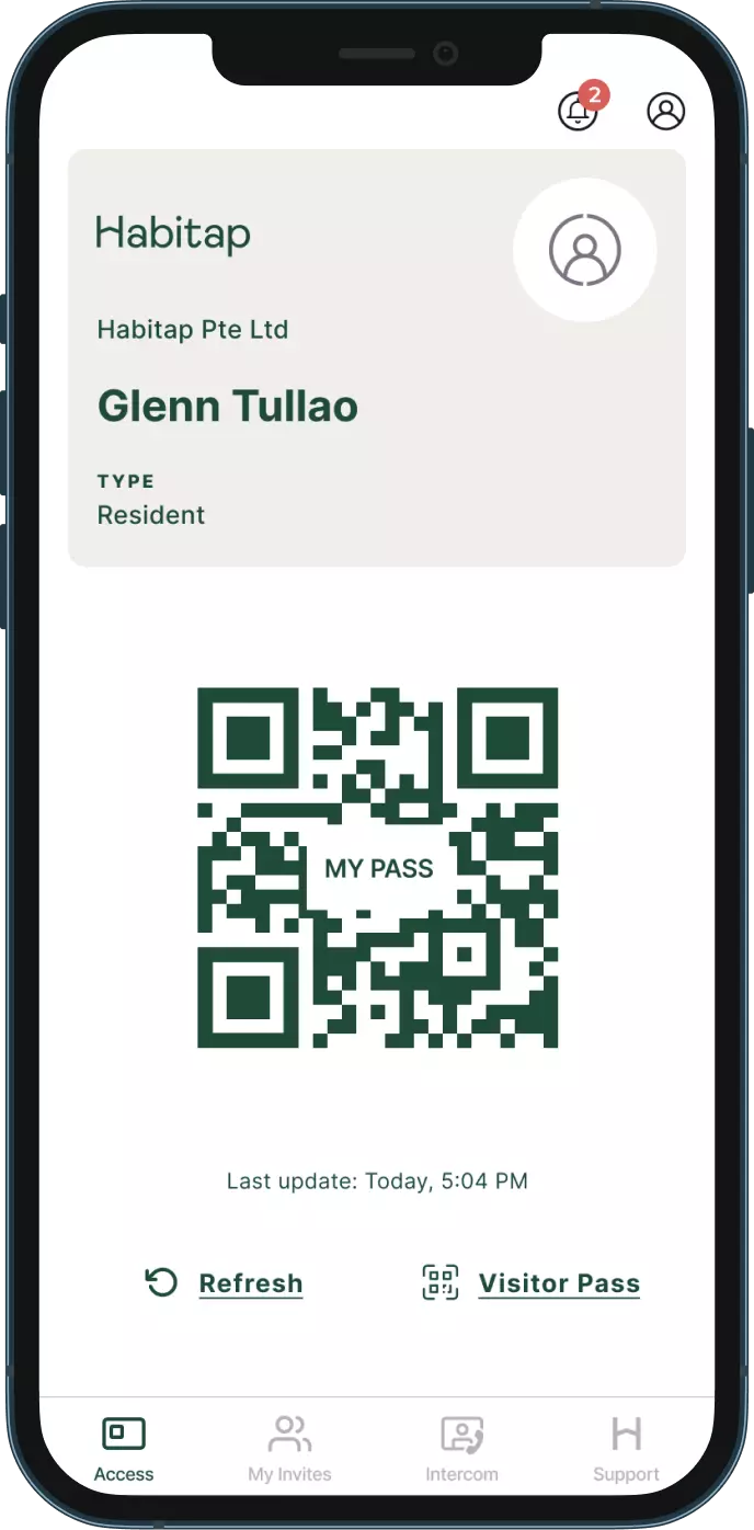Mobile screen showing the access pass feature on Habitap ONE
