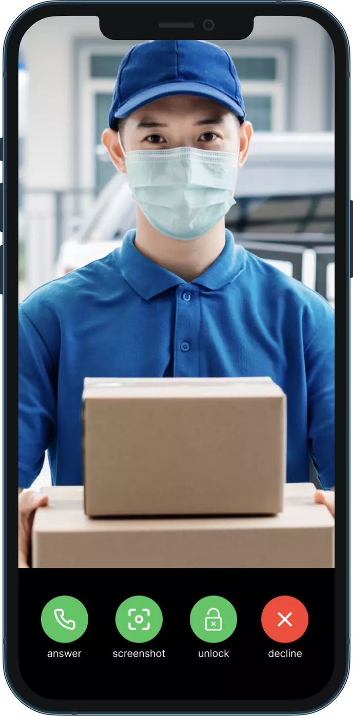 Mobile screen showing incoming intercom call from a delivery man via Habitap ONE Home